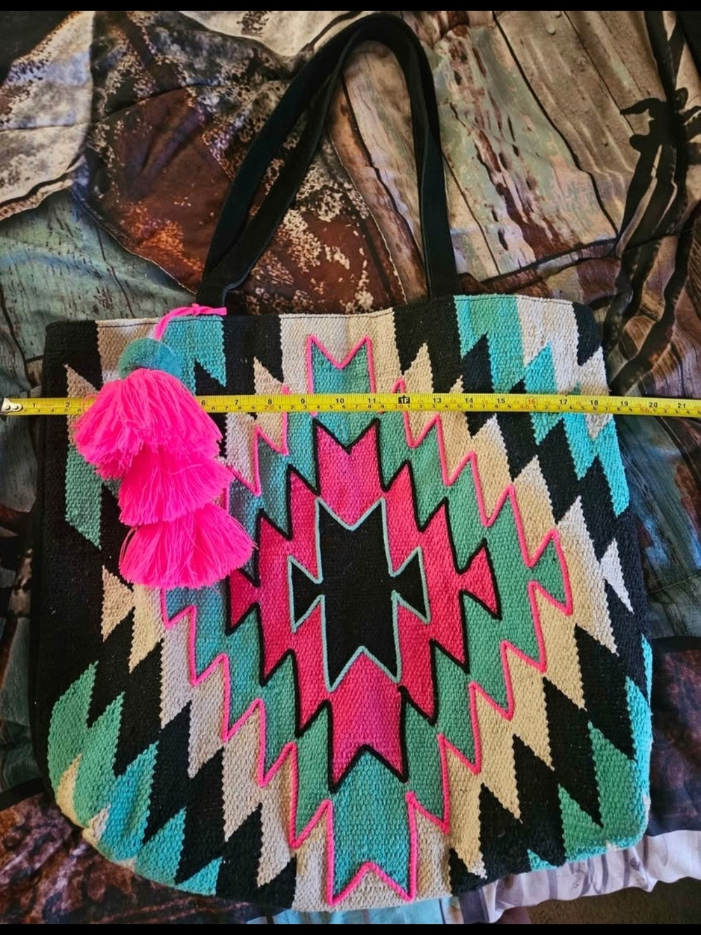 Boho Geometric Woven Tote in Hot Pink, Teal & Black